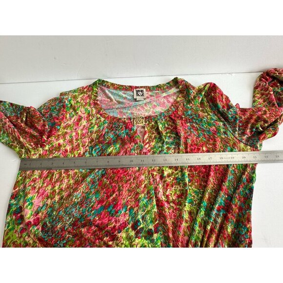 Anne Klein Womens Faux Wrap Blouse L Multicolor 3/4 Sleeve Abstract Peacock Work - Picture 12 of 15
